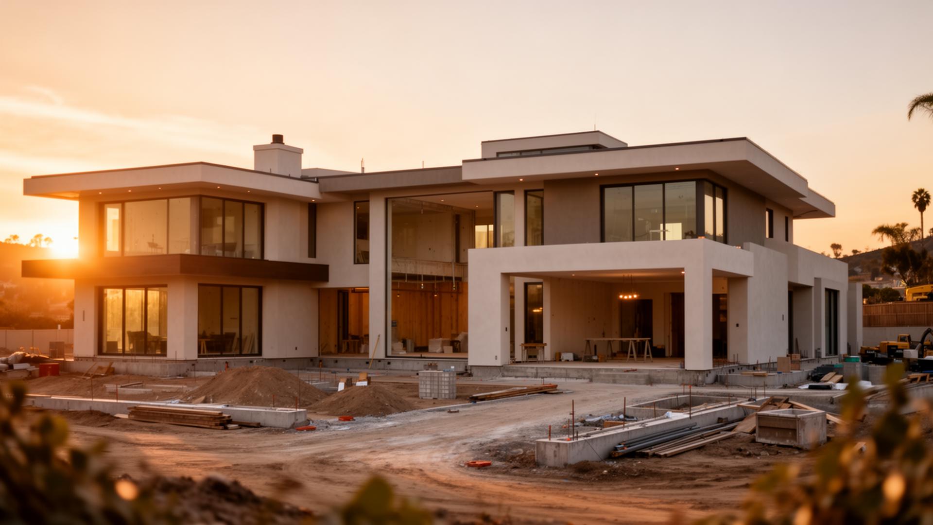 Modern Southern California home under construction at golden hour